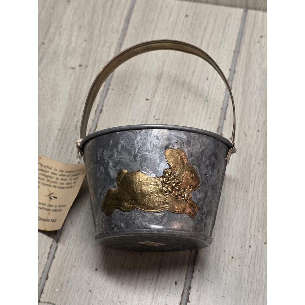 Vtg Galvanized Metal Pail Copper Bunny Rabbit Easter Basket Spring Handcrafted